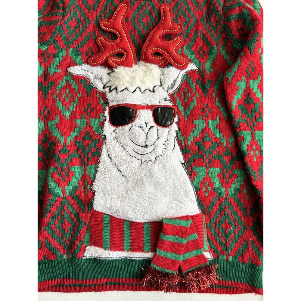 Soft Faux Fur Llama Sunglasses Ugly Christmas Sweater Holiday Red Green Unisex M - Picture 3 of 10